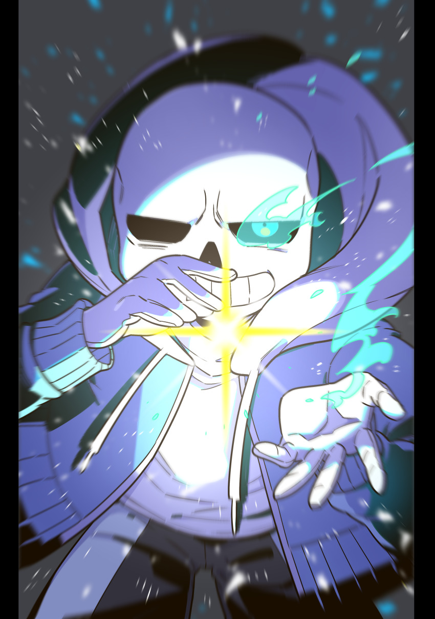 1boy absurdres black_border black_sclera black_shorts blue_eyes blue_jacket border colored_sclera grin highres hood jacket kounago_chirimen long_sleeves male_focus open_clothes open_jacket sans_(undertale) shorts single_vertical_stripe skeleton smile solo teeth undertale white_stripes