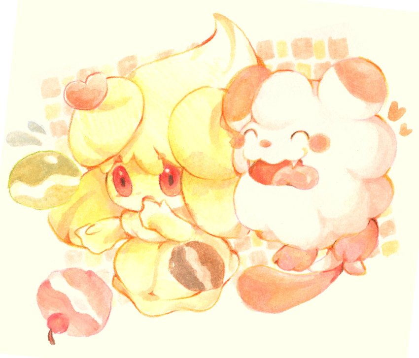 ^_^ alcremie alcremie_(lemon_cream) alcremie_(love_sweet) closed_eyes commentary creature english_commentary fangs full_body gen_6_pokemon gen_8_pokemon heart highres nintendo no_humans poke_puff pokemon pokemon_(creature) pumo_(pixiv35828200) red_eyes simple_background swirlix tongue tongue_out traditional_media watercolor_pencil_(medium) white_background