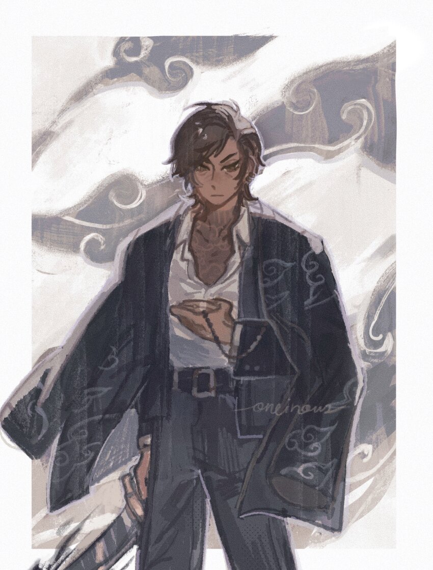 1girl belt black_belt black_jacket black_pants brown_eyes brown_hair dark-skinned_female dark_skin highres holding holding_pocket_watch holding_sword holding_weapon jacket kurokumo_clan_(identity)_(project_moon) limbus_company long_sleeves looking_at_viewer oneii outis_(project_moon) pants pocket_watch project_moon shirt short_hair simple_background solo standing sword upper_body watch weapon white_background white_shirt