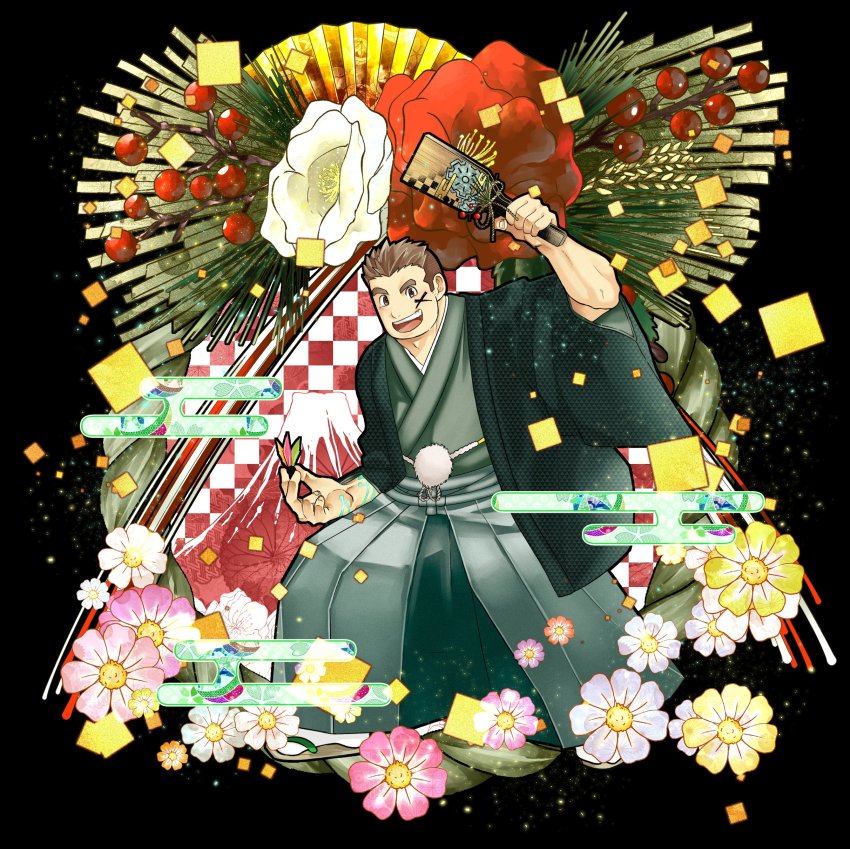 1boy absurdres bara black_eyes brown_hair egasumi facepaint flower hagoita hakama hane_(hanetsuki) hanetsuki haori haori_himo highres holding japanese_clothes kasumi kidomh63 kimono kajiya_kurogane looking_at_viewer male_focus montsuki muscular muscular_male new_year open_mouth paddle shimekazari short_hair sideburns smile solo tabi thick_eyebrows tokyo_houkago_summoners