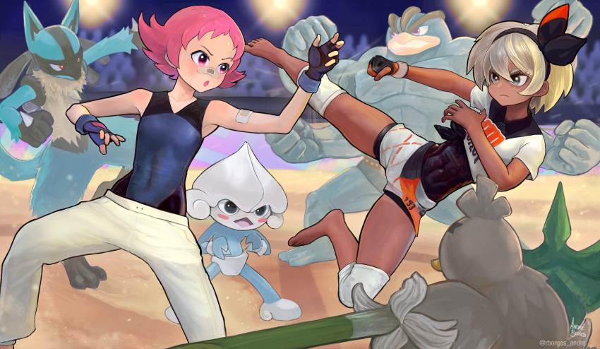 2girls andre_borges bandaid bandaid_on_arm bandaid_on_face bandaid_on_nose barefoot bea_(pokemon) bow covered_navel dark-skinned_female dark_skin fighting fingerless_gloves gen_1_pokemon gen_3_pokemon gen_4_pokemon gen_8_pokemon gloves grey_hair hair_bow highres lucario machamp maylene_(pokemon) meditite multiple_girls nintendo pink_hair pokemon pokemon_(creature) pokemon_dppt pokemon_swsh short_hair sirfetch&#039;d