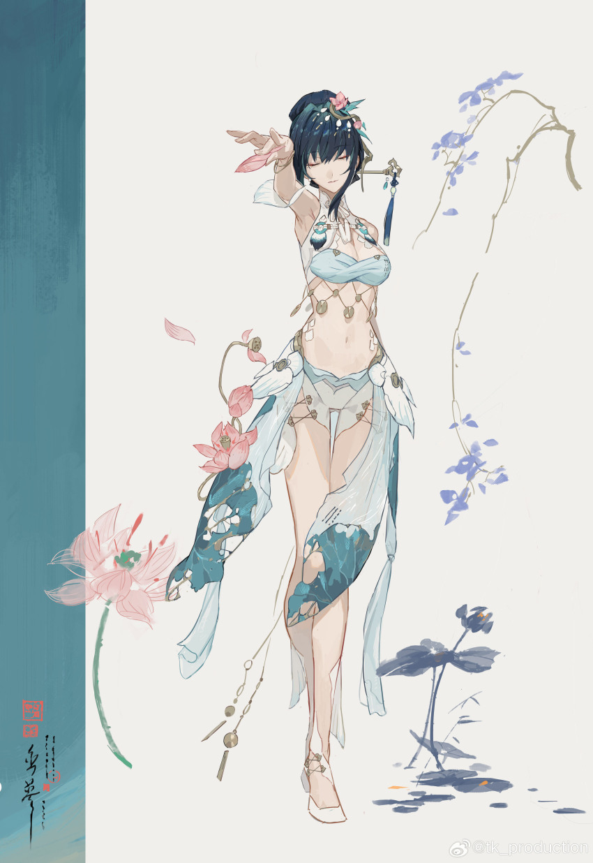 1girl absurdres aqua_shirt aqua_skirt bare_shoulders blue_hair chinese_hairpin cropped_shirt fake_text full_body hair_bun hanying:_solacetune_(pgr) hanying:_solacetune_(river_dancer)_(pgr) hanying_(pgr) high_heels highres lotus_hair_ornament lotus_print multiple_views navel official_alternate_costume official_art overskirt pelvic_curtain pink_eyes print_skirt punishing:_gray_raven shirt short_hair short_shorts shorts skirt sleeveless sleeveless_shirt stomach tk_production white_background white_shorts