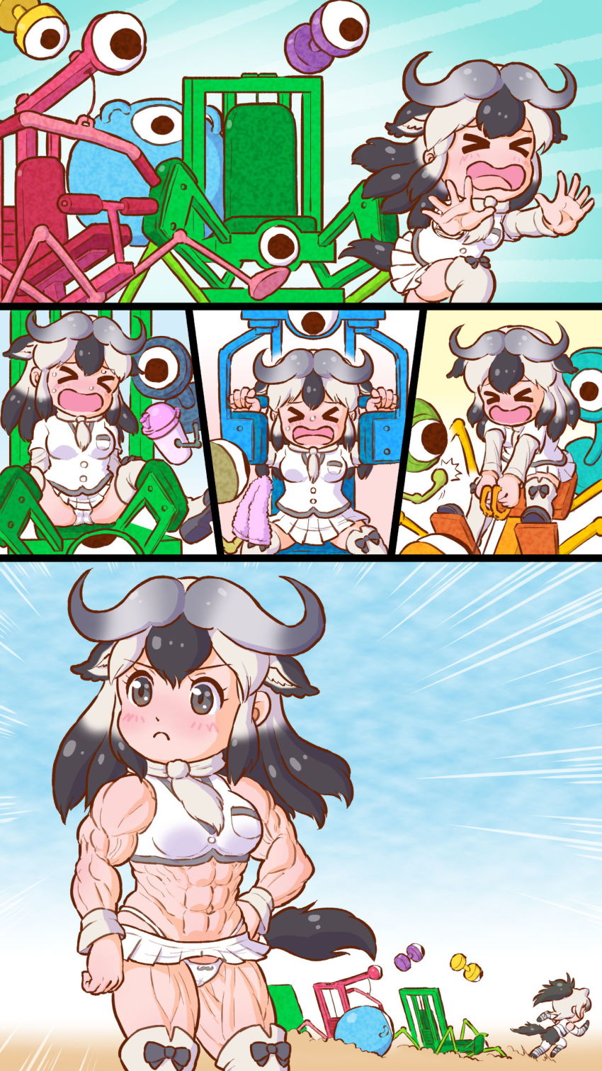 &gt;_&lt; 2girls ^^^ aardwolf_(kemono_friends) abs absurdres adapted_costume animal_ears animal_print arm_at_side biceps black_hair blue_wildebeest_(kemono_friends) breast_pocket cellien_(kemono_friends) chasing closed_eyes closed_mouth comic commentary_request dumbbell elbow_gloves emphasis_lines exercising extra_ears fleeing gloves grey_hair hand_on_own_hip high_ponytail highleg highleg_panties highres horns kemono_friends kneehighs layered_sleeves long_hair long_sleeves looking_at_another looking_to_the_side microskirt midriff miniskirt multicolored_hair multiple_girls muscular muscular_female navel open_mouth panties pocket ponytail print_gloves running scarf short_over_long_sleeves short_sleeves shorts sidelocks silent_comic skirt socks solo_focus standing stomach sweat tail two-tone_hair underwear weights white_hair white_panties yosiyuki_yosizou