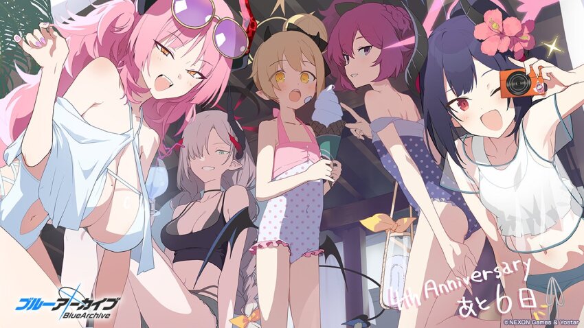5girls :d akinashi_yuu bikini black_bikini black_horns black_tail blue_archive blue_halo blue_one-piece_swimsuit blush breasts camera casual_one-piece_swimsuit chiaki_(blue_archive) clothing_cutout commentary_request demon_girl demon_horns demon_wings flat_chest food green_eyes grey_hair grin hair_bun halo holding holding_camera holding_food holding_ice_cream horns ibuki_(anniversary_swimsuit)_(blue_archive) ibuki_(blue_archive) ice_cream iroha_(blue_archive) large_breasts long_hair looking_at_viewer makoto_(blue_archive) medium_breasts mole mole_on_breast multiple_girls nail_polish navel_cutout official_art one-piece_swimsuit one_eye_closed open_mouth orange_eyes pandemonium_society_(blue_archive) parted_lips pink_hair pink_halo pink_one-piece_swimsuit pointy_ears polka_dot polka_dot_swimsuit purple_eyes purple_nails red_eyes red_halo red_horns satsuki_(blue_archive) second-party_source single_side_bun small_breasts smile swimsuit taking_picture teeth twintails upper_teeth_only wings yellow_eyes yellow_halo