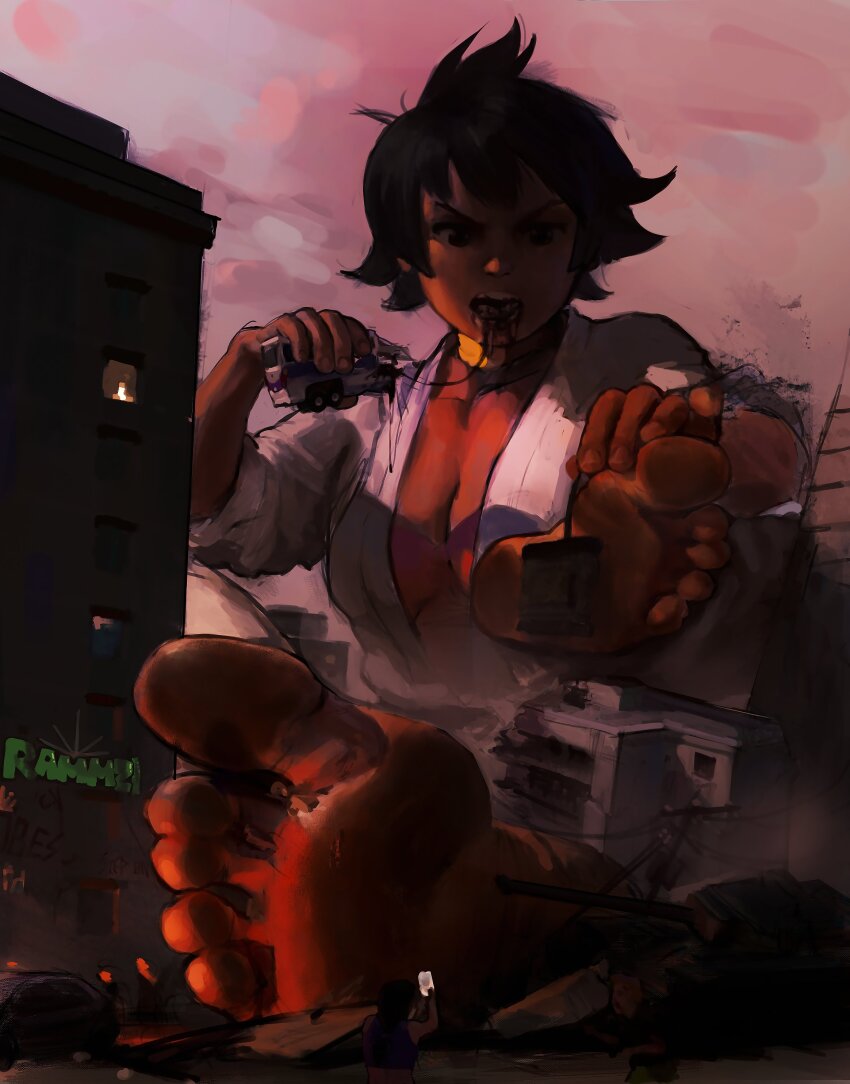 1girl absurdres artist_name barefoot biting black_hair breasts bus city cleavage dark-skinned_female dark_skin destruction dougi foot_focus foreshortening giant giantess graffiti highres karate_gi makoto_(street_fighter) martial_arts_belt mini_person motor_vehicle outdoors rammzi short_hair sky soles street_fighter toes
