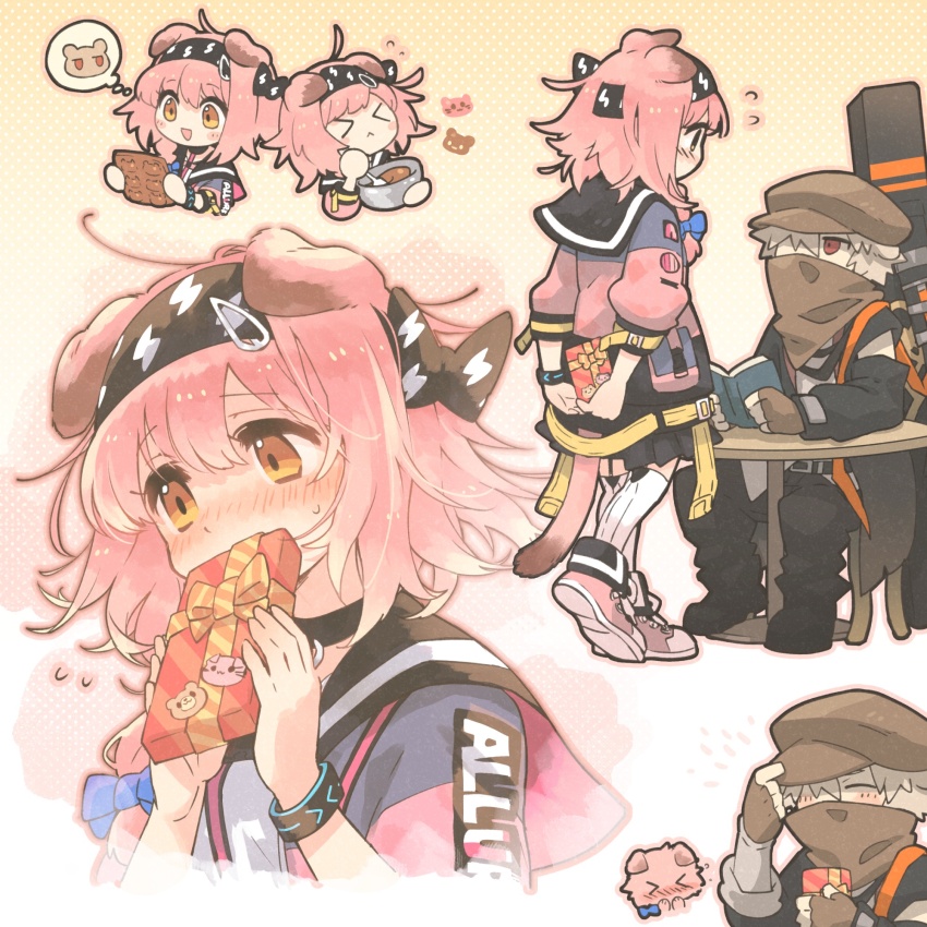 &gt;_&lt; 1boy 1girl animal_ears arknights arm_cutout arms_behind_back black_hairband black_jacket black_sailor_collar blue_bow book bow braid brown_gloves brown_headwear brown_scarf cat_ears cat_girl chair chibi chibi_inset chocolate chocolate_making closed_mouth commentary_request covering_own_mouth embarrassed fingerless_gloves full_body gift giving gloves goldenglow_(arknights) gradient_background grey_hair hair_bow hairband happy heart highres holding holding_book holding_spoon infection_monitor_(arknights) jacket lightning_bolt_print morini_ochiteru pink_hair pink_jacket reading red_(npc)_(arknights) red_eyes sailor_collar scarf scarf_over_mouth shirt short_hair side_braid sitting speech_bubble spoon table thought_bubble upper_body valentine white_background white_shirt yellow_background yellow_eyes