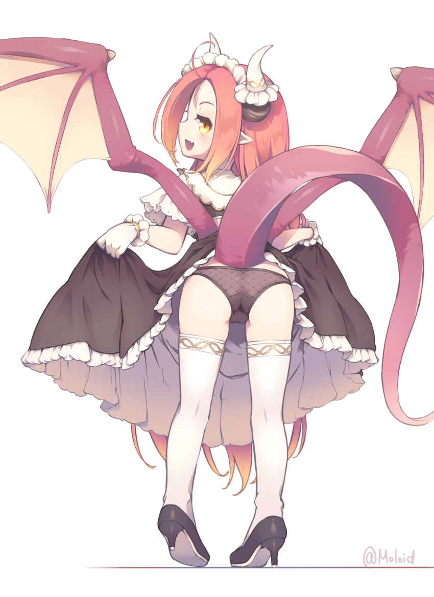 1girl black_panties clothes_lift dragon_girl dragon_tail dragon_wings high_heels highres iris_mysteria! maid moroheiya_(takushiage) panties red_hair sharon_oliva skirt skirt_lift tail underwear wings yellow_eyes