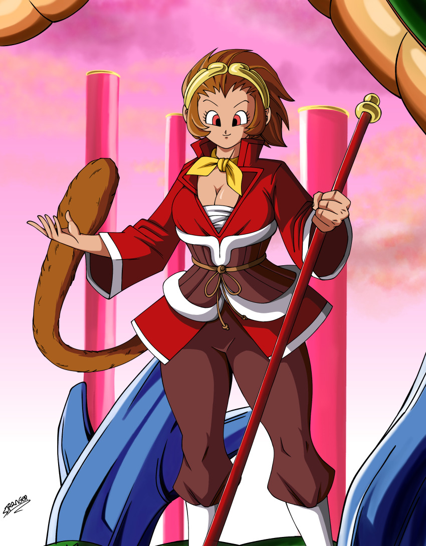 1girl absurdres artist_name ascot bo_staff breasts brown_hair brown_pants circlet cleavage cloud commentary dragon dragon_ball dragon_horns english_commentary haramaki highres holding holding_staff horns large_breasts looking_at_viewer marvel_vs._capcom marvel_vs._capcom_2 medium_hair monkey_girl monkey_tail pants parody pillar pink_sky red_eyes red_shirt sarashi shirt sidelocks signature sky solo sonson staff strangermen style_parody tail toriyama_akira_(style) yellow_ascot