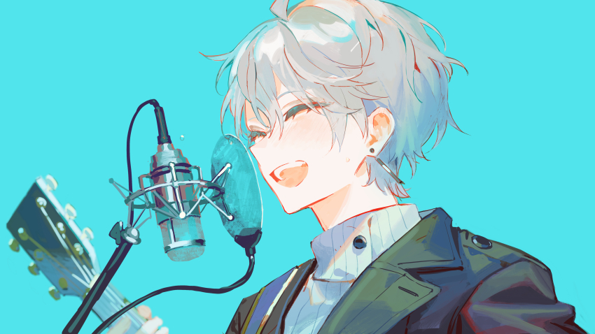 1boy absurdres black_jacket blue_background closed_eyes earrings grey_hair guitar highres holding holding_guitar holding_instrument instrument jacket jewelry kaida_haru kaida_haru_(2nd_costume) male_focus microphone microphone_stand music nijisanji open_mouth pop_filter short_hair simple_background singing smile solo studio_microphone sweater torino_kawazu upper_body virtual_youtuber white_sweater