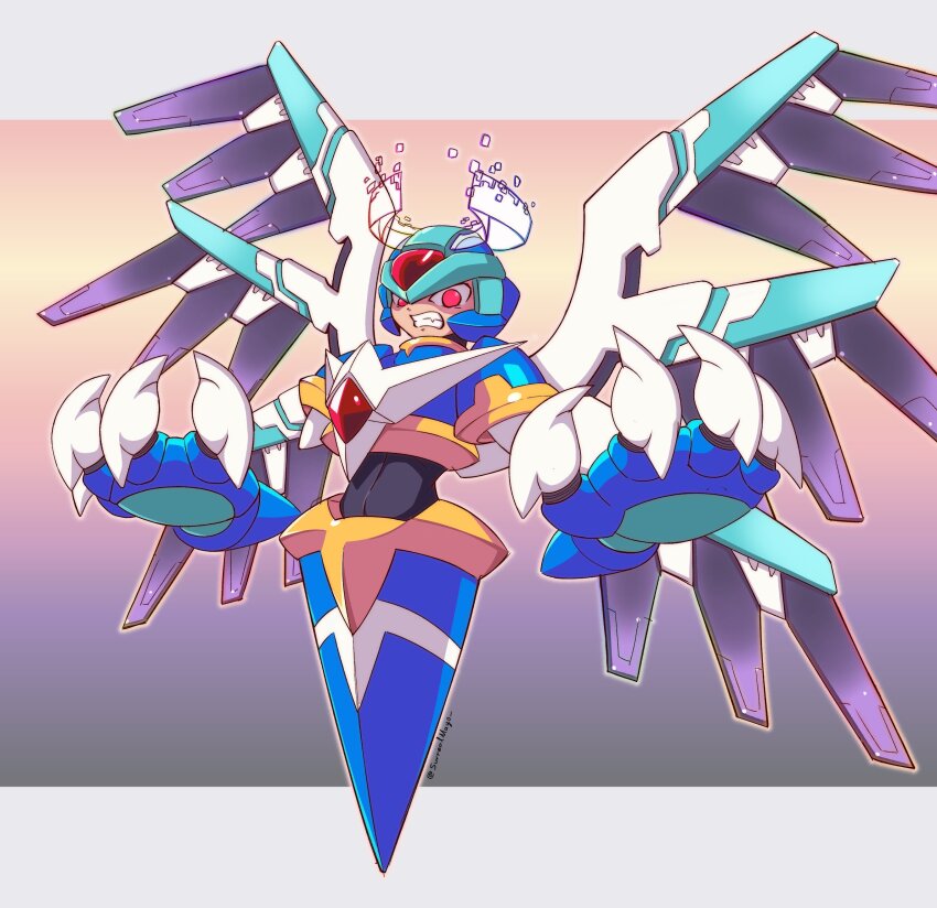 1boy absurdres alternate_form android armor blue_armor blue_helmet chest_jewel copy_x_(mega_man) forehead_jewel full_body helmet highres male_focus mega_man_(series) mega_man_zero_(series) red_eyes simple_background solo surrealmason