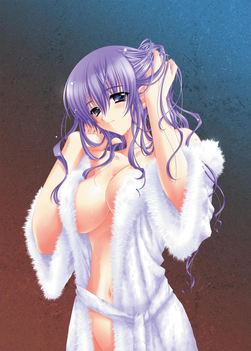 absurdres bath_robe blue_eyes carnelian highres long_hair naked_robe purple_eyes purple_hair robe smile wet
