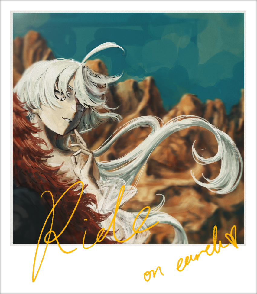 2girls absurdres bare_shoulders blue_sky cigarette commentary cursive day english_commentary grey_eyes gundam gundam_suisei_no_majo highres himmel_(keine_haare) holding holding_cigarette long_hair miorine_rembran mountain multiple_girls outdoors parted_lips red_hair sky smile suletta_mercury white_hair