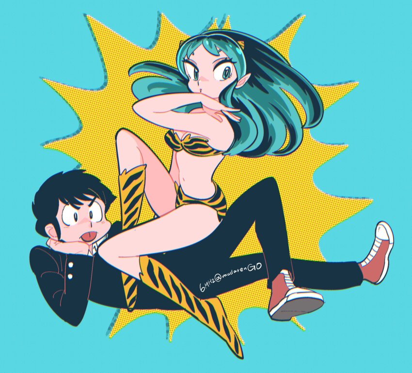 1boy 1girl animal_print aqua_background aqua_eyes aqua_hair artist_name assertive_female bare_arms bare_shoulders ben-day_dots bikini black_hair black_jacket black_pants breasts cleavage collared_shirt couple full_body gakuran girl_on_top head_on_hand hetero highres horns jacket long_hair lum medium_breasts midriff moroboshi_ataru muda_rengou_to_ziggy_stardust navel pants pointy_ears print_bikini print_boots red_shoes school_uniform screentones shirt shoes short_hair sideburns sidelocks sneakers swimsuit tiger_print tongue tongue_out twitter_username urusei_yatsura white_shirt