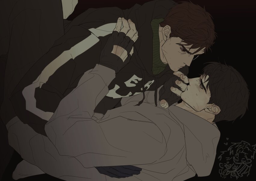 2boys absurdres afraid_of_monsters bags_under_eyes black_gloves black_hair black_hoodie bloodshot_eyes brown_eyes brown_hair cry_of_fear david_leatherhoff doodle_inset fingerless_gloves gloves grey_hoodie hand_on_another&#039;s_arm hand_on_another&#039;s_chest highres hood hood_down hoodie ju-san looking_at_another lying lying_on_person male_focus messy_hair multiple_boys narrowed_eyes on_back on_ground print_hoodie scar scar_on_face short_hair simon_henriksson turtleneck upper_body