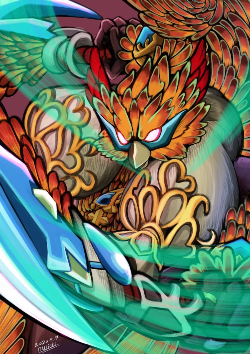 1other 2020 agetatekoron2 bag beak bird dual_wielding feathers glowing glowing_eyes highres holding nintendo orange_feathers red_feathers roc_(xenoblade) scythe signature simple_background solo wind xenoblade_chronicles_(series) xenoblade_chronicles_2