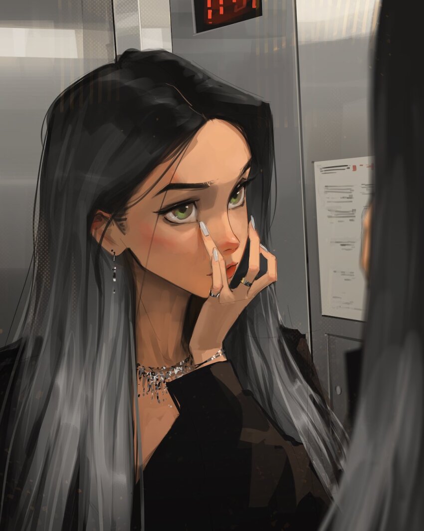 1girl black_coat black_hair bracelet coat earrings elevator eyelid_pull gradient_hair green_eyes grey_hair grey_nails hand_on_own_face highres jewelry looking_at_self makeup mascara multicolored_hair multiple_rings necklace original poster_(object) reflection reflection_focus ring sam_yang