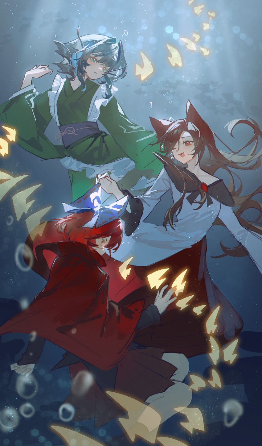 3girls absurdres animal_ears blue_hair brown_hair ender_xiaohai fins fish green_kimono head_fins highres imaizumi_kagerou japanese_clothes kimono long_hair multiple_girls one_eye_closed open_mouth red_hair sekibanki short_hair smile touhou underwater wakasagihime