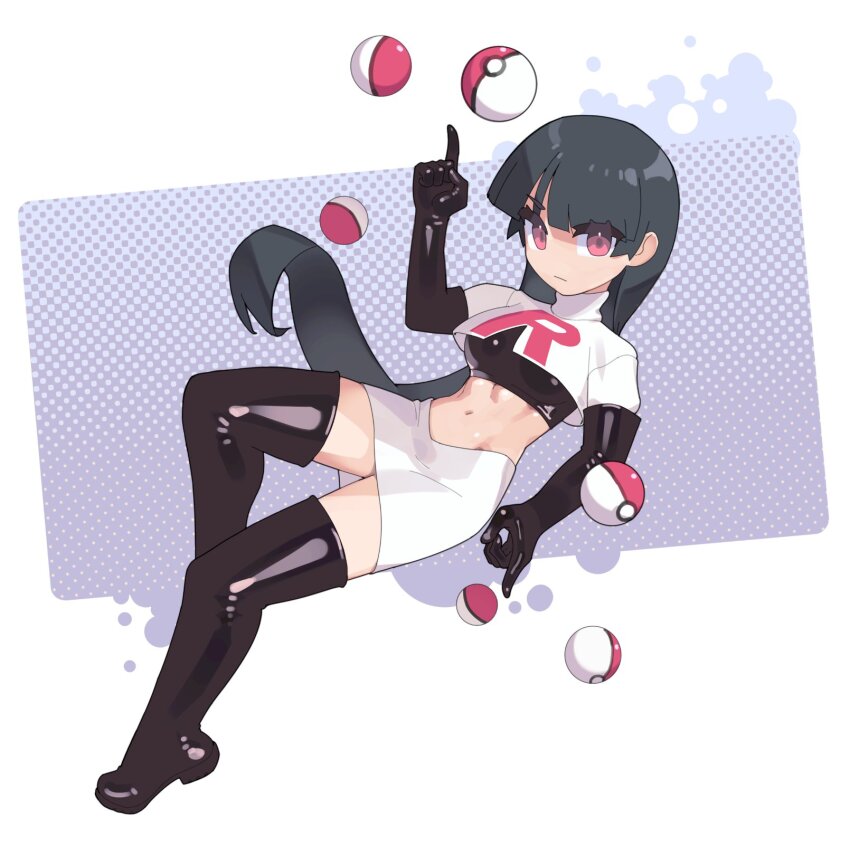 1girl black_gloves black_hair boots chikuwa_fan973 commentary cosplay crop_top cropped_shirt elbow_gloves english_commentary full_body gloves highres jessie_(pokemon) jessie_(pokemon)_(cosplay) latex latex_boots latex_gloves long_hair midriff miniskirt navel nintendo poke_ball poke_ball_(basic) pokemon pokemon_(anime) pokemon_(classic_anime) pokemon_adventures pokemon_rgby red_eyes sabrina_(pokemon) skirt solo team_rocket telekinesis thigh_boots turtleneck very_long_hair