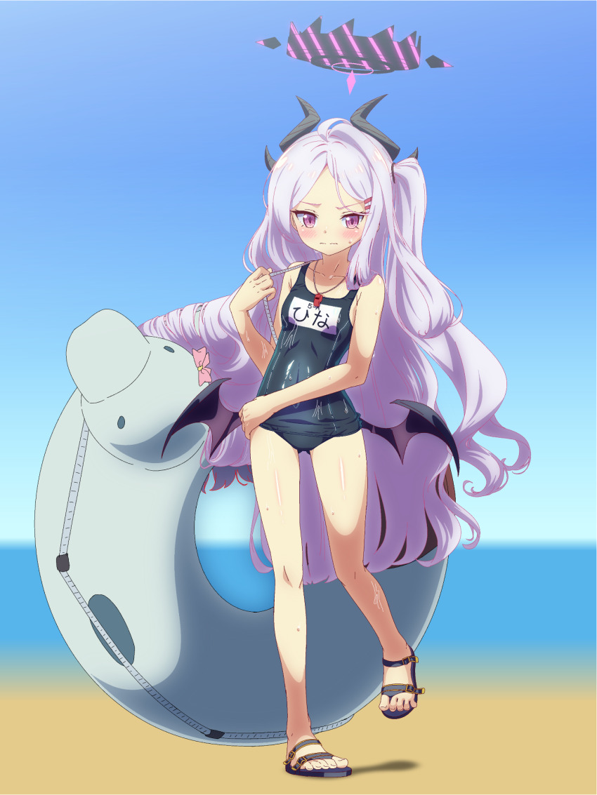 1girl ahoge blue_archive blue_one-piece_swimsuit blush demon_girl demon_horns demon_wings duck_innertube flat_chest hair_ornament hairclip halo highres hina_(blue_archive) hina_(swimsuit)_(blue_archive) horns innertube jin_rey long_hair looking_at_viewer low_wings multiple_horns name_tag official_alternate_costume old_school_swimsuit one-piece_swimsuit parted_bangs purple_eyes purple_wings school_swimsuit solo swim_ring swimsuit very_long_hair whistle whistle_around_neck white_hair white_innertube wings