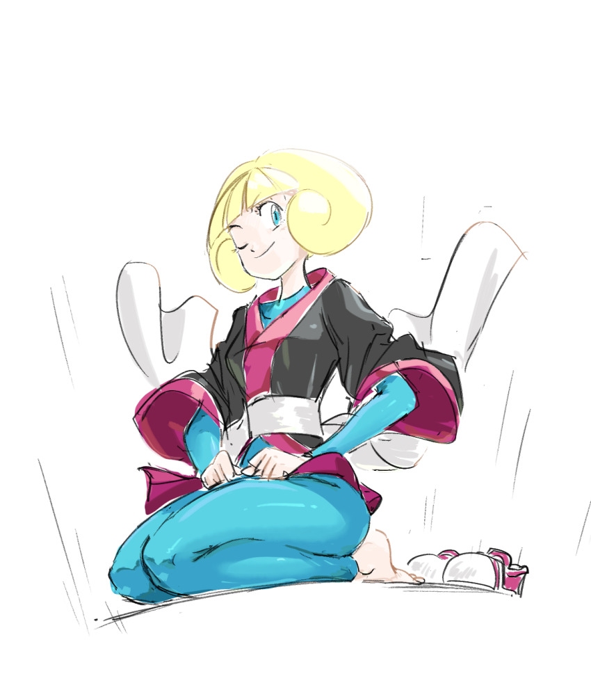1girl ;) barefoot blonde_hair blue_bodysuit blue_eyes blunt_bangs bodysuit closed_mouth dougi full_body greta_(pokemon) highres long_sleeves nintendo one_eye_closed pokemon pokemon_emerald pokemon_rse seiza shoes sitting smile solo u4_99384295 unworn_shoes white_background wide_sleeves