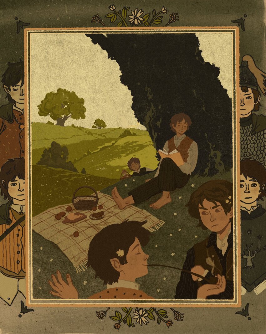 4boys analogous_colors armor barefoot black_shirt book border brown_border brown_hair brown_vest cape chainmail collared_shirt fantasy field film_grain flower food frodo_baggins frown green_cape hair_flower hair_ornament hashtag-only_commentary helmet highres hill halfling holding holding_smoking_pipe inset_border male_focus meriadoc_brandybuck multiple_boys multiple_views open_book orange_vest ornate_border outdoors pants peregrin_took picnic_basket picnic_blanket pointy_ears polka_dot_vest reading red_flower red_shirt samwise_gamgee shirt sky smile smoking_pipe standing striped_clothes striped_pants striped_shirt the_lord_of_the_rings tolkien&#039;s_legendarium tree under_tree vest white_border white_flower white_shirt white_sky yaroslava_murashko yellow_border yellow_vest