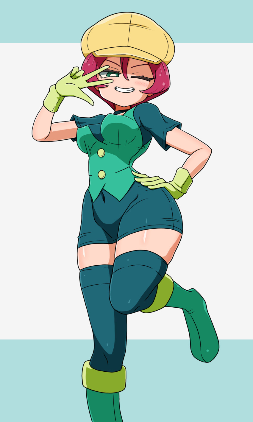 1girl absurdres boots breasts covered_navel game_freak georgia_(pokemon) gloves green_boots green_eyes green_gloves green_vest hand_on_own_hip hand_up hat highres mori_hayaki navel nintendo one_eye_closed pokemon pokemon_(anime) pokemon_bw_(anime) red_hair simple_background small_breasts solo thighhighs v vest yellow_hat