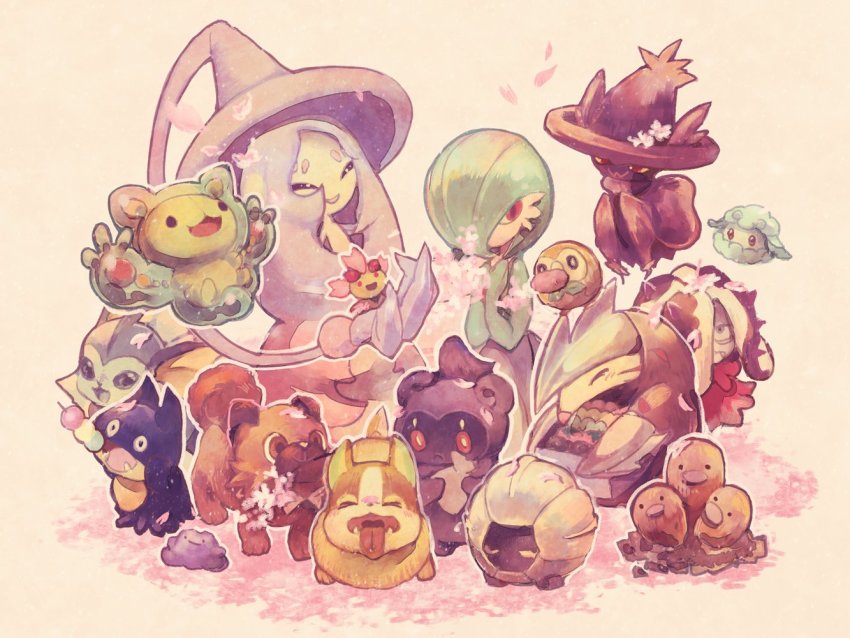 :d ^_^ alternate_color animalization cherrim cherrim_(sunshine) closed_eyes cottonee dango ditto dog dugtrio excadrill fangs flower food gardevoir gen_1_pokemon gen_3_pokemon gen_4_pokemon gen_5_pokemon gen_7_pokemon gen_8_pokemon hatterene kitaru_(mabo_f) leaf legendary_pokemon mareanie marshadow marshadow_(gloom) mismagius munchlax mythical_pokemon nintendo open_mouth petals piers_(pokemon) pink_flower pokemon pokemon_(creature) pokemon_swsh red_eyes reuniclus rockruff rowlet sanshoku_dango shelgon smile tan_background tongue tongue_out vaporeon wagashi yamper