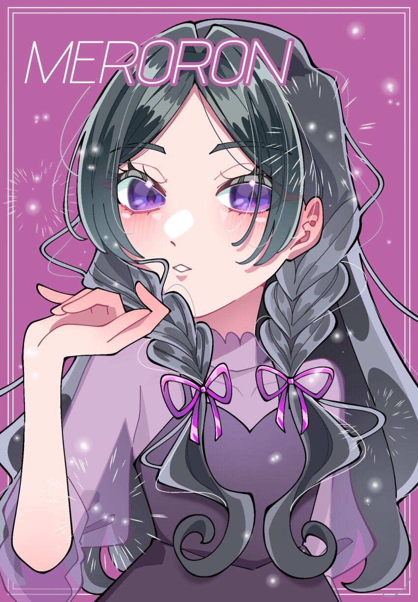 1girl air_bubble black_hair blouse blush braid bubble cure_kiss curled_up curly_sidelocks finger_to_face hair_ribbon hair_tie hand_up highres kimi_to_idol_precure long_hair looking_at_viewer low_twin_braids meroron_(human_form) nkysk_cure_my open_mouth parted_bangs precure purple_eyes purple_ribbon purple_shirt ribbon see-through_clothes see-through_sleeves shirt soap_bubbles solo solo_focus twin_braids upper_body very_long_hair zooming_in