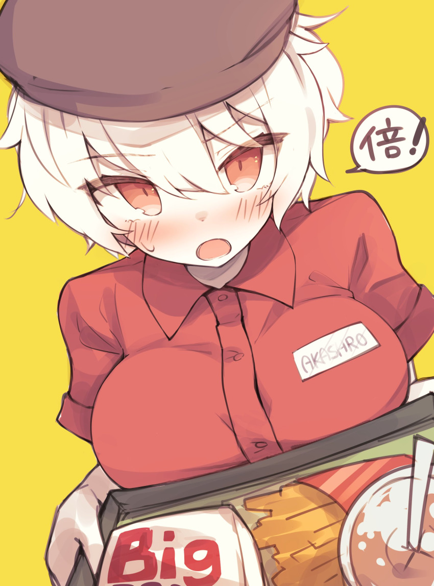 blush breasts damao_(kiwa777) employee_uniform fast_food fast_food_uniform highres large_breasts non-web_source open_mouth original simple_background source_request white_hair yellow_background