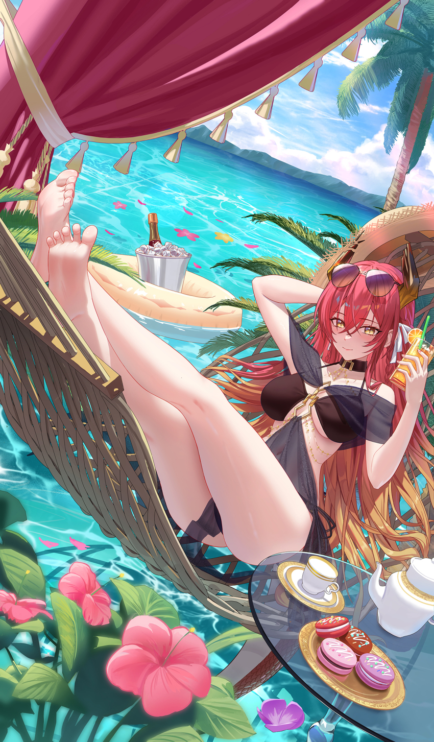 1girl arm_behind_head arm_up bare_shoulders barefoot beach bikini black_bikini blue_sky blush bottle braid breasts broken_horn bucket character_request closed_mouth cloud collarbone commentary_request crossover cup curtains day dessert detached_horns dragon_girl dragon_horns dragon_tail drinking_glass drinking_straw dutch_angle eyewear_on_head feet flower flower_on_liquid food fruit glass_table gold gradient_hair gradient_horns hair_between_eyes hair_ribbon halterneck hammock hand_up hat highres holding holding_cup horns ice ice_bucket ice_cube indie_virtual_youtuber innertube juice large_breasts legs legs_up long_hair longyu_(17767756) looking_at_viewer lying macaron milk mountainous_horizon multicolored_hair multicolored_horns navel ocean on_hammock orange_(fruit) orange_hair orange_juice orange_slice outdoors palm_tree plant plate reclining red_hair ribbon round_table see-through_clothes side_braid sidelocks sky slit_pupils smile soles solo straw_hat sun_hat swim_ring swimsuit swimsuit_cover-up table tail tassel teacup teapot thighs tinted_eyewear toes tree unworn_hat unworn_headwear very_long_hair virtual_youtuber water white_ribbon yellow_eyes