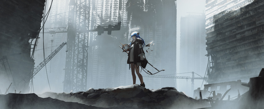 1girl absurdres ankle_boots arknights black_boots black_shorts black_wings blue_eyes blue_hair boots building crane_(machine) de4d_fish demon_horns demon_tail detached_wings energy_wings fur-trimmed_hood fur_trim grey_sky halo highres hood hood_down hooded_jacket horns jacket long_sleeves mostima_(arknights) open_clothes open_jacket outdoors scenery shirt short_shorts shorts sky skyscraper solo staff standing tail weapon weapon_on_back white_shirt wide_shot wings