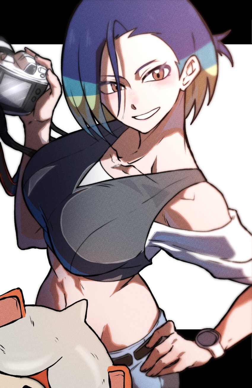 1girl bare_shoulders blue_hair bob_cut breasts brown_eyes camera collarbone covered_eyes crop_top denim dog gradient_hair grey_shirt grin hand_on_own_hip hand_up highres hisuian_growlithe holding holding_camera horns jeans loose_hair_strand medium_breasts midriff multicolored_hair nintendo off-shoulder_shirt off_shoulder pants perrin_(pokemon) pokemon pokemon_(creature) pokemon_sv red_fur ribbed_shirt shirt short_hair single_horn sleeveless sleeveless_shirt smile thatamaan undershirt v-neck watch white_fur wristwatch