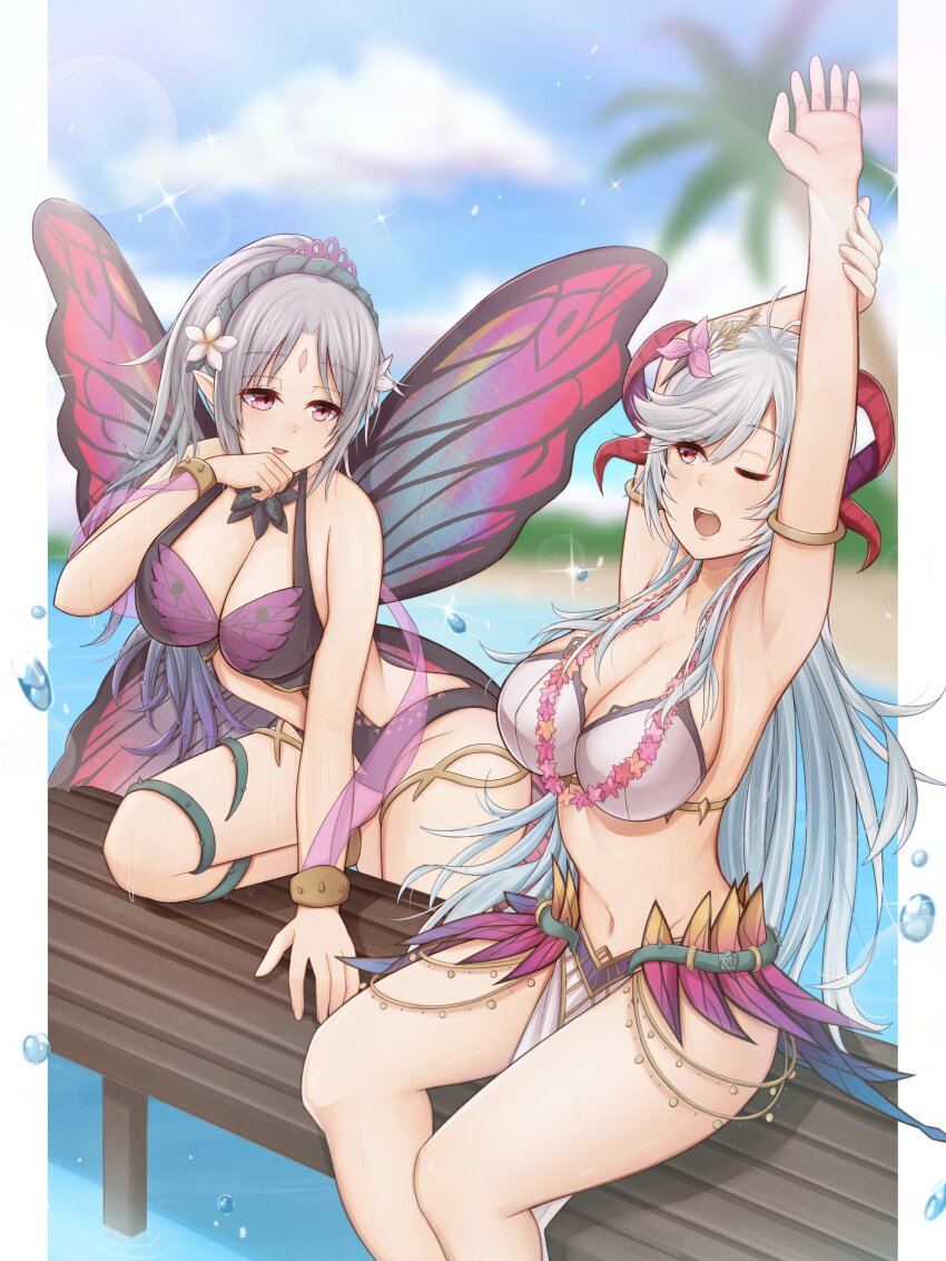 2girls absurdres atorie butterfly_wings casual_one-piece_swimsuit commission crown_of_thorns curled_horns facial_mark fairy_wings fire_emblem fire_emblem_heroes flower flower_necklace forehead_mark freyja_(fire_emblem) freyja_(summer)_(fire_emblem) goat_horns golden_armlet highres horns insect_wings jewelry multiple_girls necklace nintendo official_alternate_costume one-piece_swimsuit plumeria_(fire_emblem) plumeria_(summer)_(fire_emblem) red_horns swimsuit thorns wings
