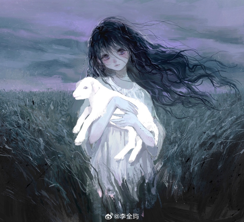 1girl animal black_hair chinese_commentary closed_mouth cloud cloudy_sky commentary_request cowboy_shot dress expressionless eyelashes field floating_hair grass hair_between_eyes highres holding holding_animal lamb light_blush lips liquanyu long_hair long_sleeves original outdoors purple_eyes sheep sky solo watermark wavy_hair weibo_watermark white_dress wind