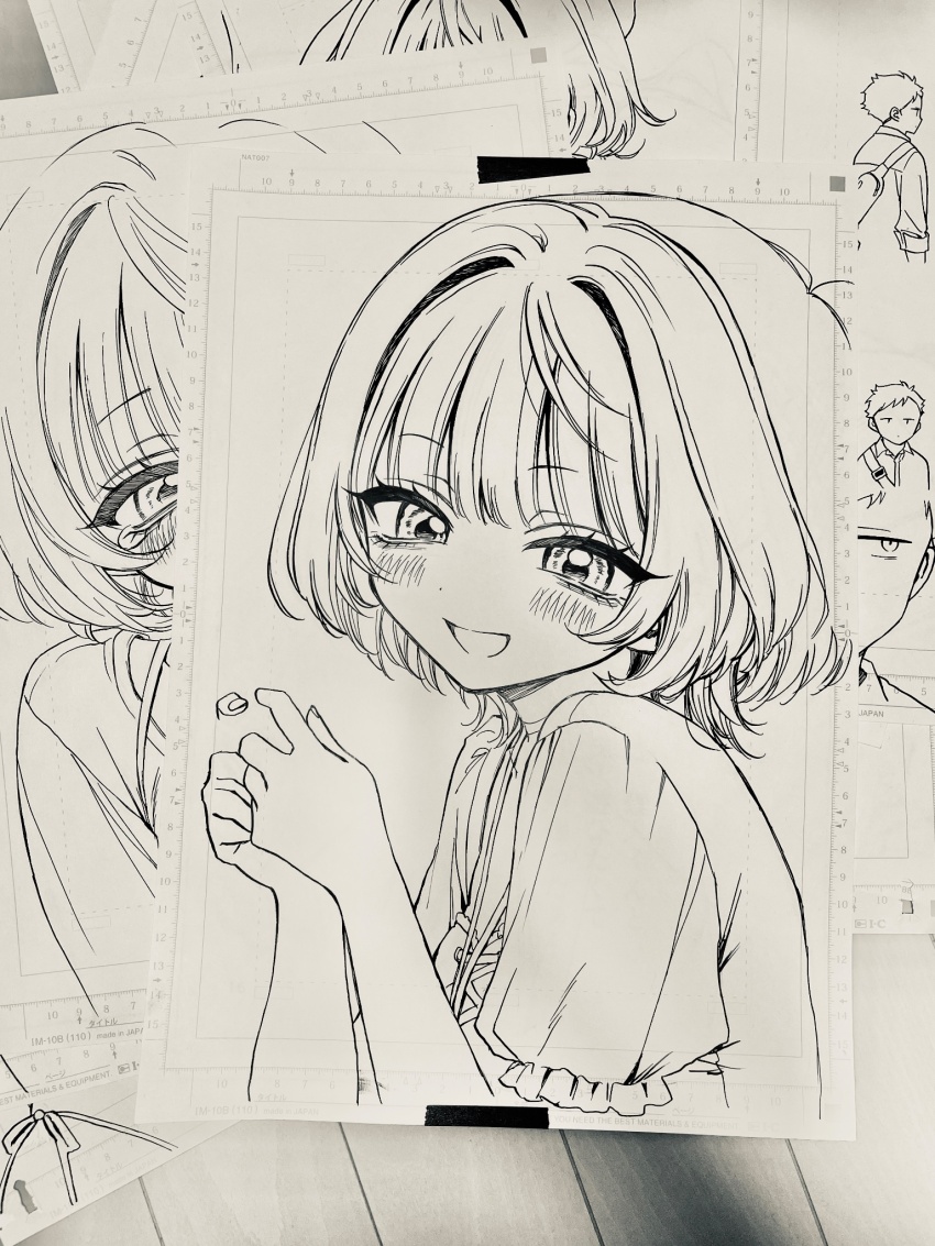 1girl :d akiyama_enma blush commentary_request greyscale hair_intakes highres lanyard looking_at_viewer manuscript_paper monochrome nib_pen_(medium) noa-senpai_wa_tomodachi. open_mouth pen_(medium) photo_(medium) puffy_short_sleeves puffy_sleeves saotome_noa shirt short_hair short_sleeves smile solo split_mouth traditional_media upper_body
