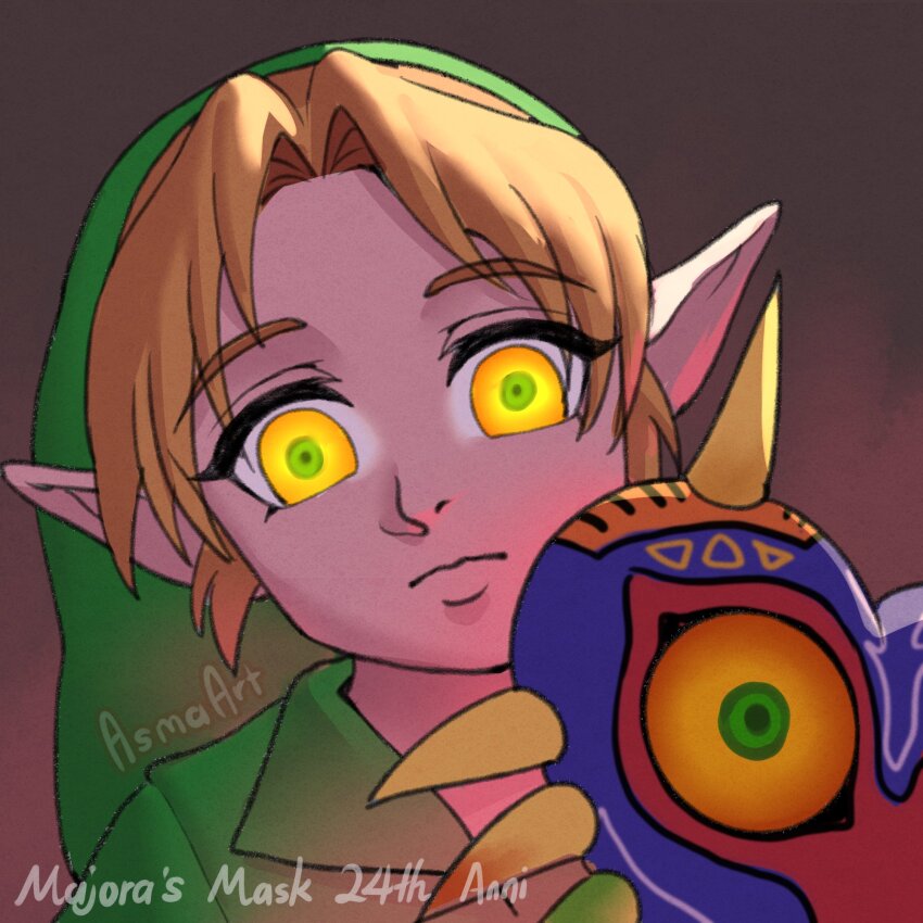 1boy anniversary asma_art blonde_hair corruption dark_persona frown green_hat hat highres link majora_(entity) male_focus mask nintendo pointy_ears portrait possessed possession signature solo the_legend_of_zelda the_legend_of_zelda:_majora&#039;s_mask yellow_eyes young_link