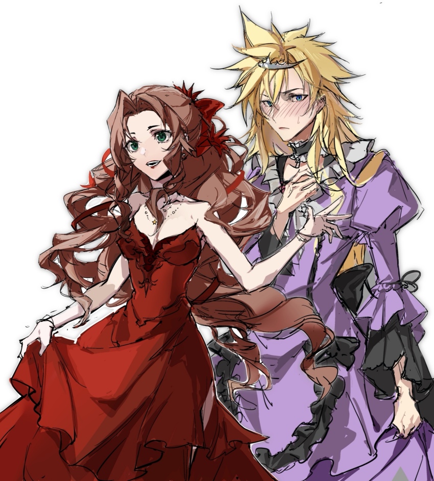 1boy 1girl aerith_gainsborough blonde_hair blue_eyes blush bracelet breasts brown_hair choker cleavage cloud_strife crossdressing dress final_fantasy final_fantasy_vii final_fantasy_vii_remake flower frilled_dress frills gree hair_flower hair_ornament hair_ribbon hand_on_own_chest highres jewelry lay92378283 lon medium_breasts necklace official_alternate_costume open_mouth parted_bangs ponytail puffy_sleeves purple_dress red_dress red_flower red_ribbon ribbon sidelocks smile spiked_hair square_enix upper_body wall_market wavy_hair white_background