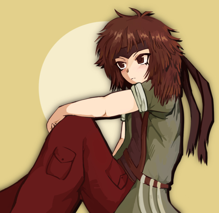 1other androgynous belt black_headband black_outline blush brown_belt brown_eyes brown_hair brown_skirt closed_mouth eyelashes feet_out_of_frame green_jacket gzpxllztt hand_on_own_knee headband jacket knees_up knife kurohebi len&#039;en light_frown messy_hair outline pants pocket red_pants sitting skirt solo yellow_background