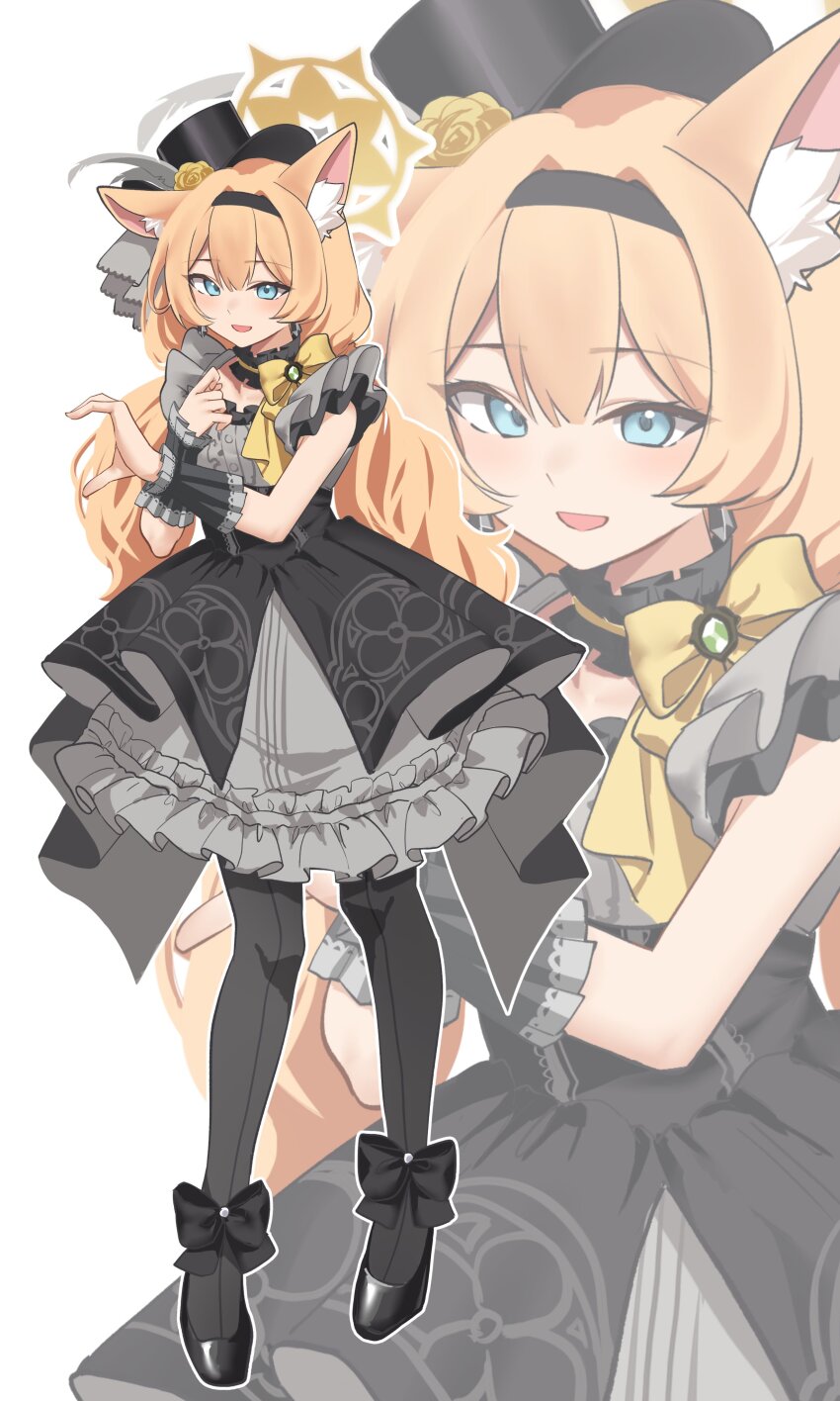 1girl absurdres animal_ears black_dress black_pantyhose blue_archive blue_eyes cat_ears cat_girl dress frilled_dress frills full_body hairband half-heart_hands halo hat high_heels highres looking_at_viewer mari_(blue_archive) mari_(idol)_(blue_archive) mini_hat mini_top_hat orange_hair pantyhose pinepin sleeveless sleeveless_dress smile solo top_hat white_background zoom_layer