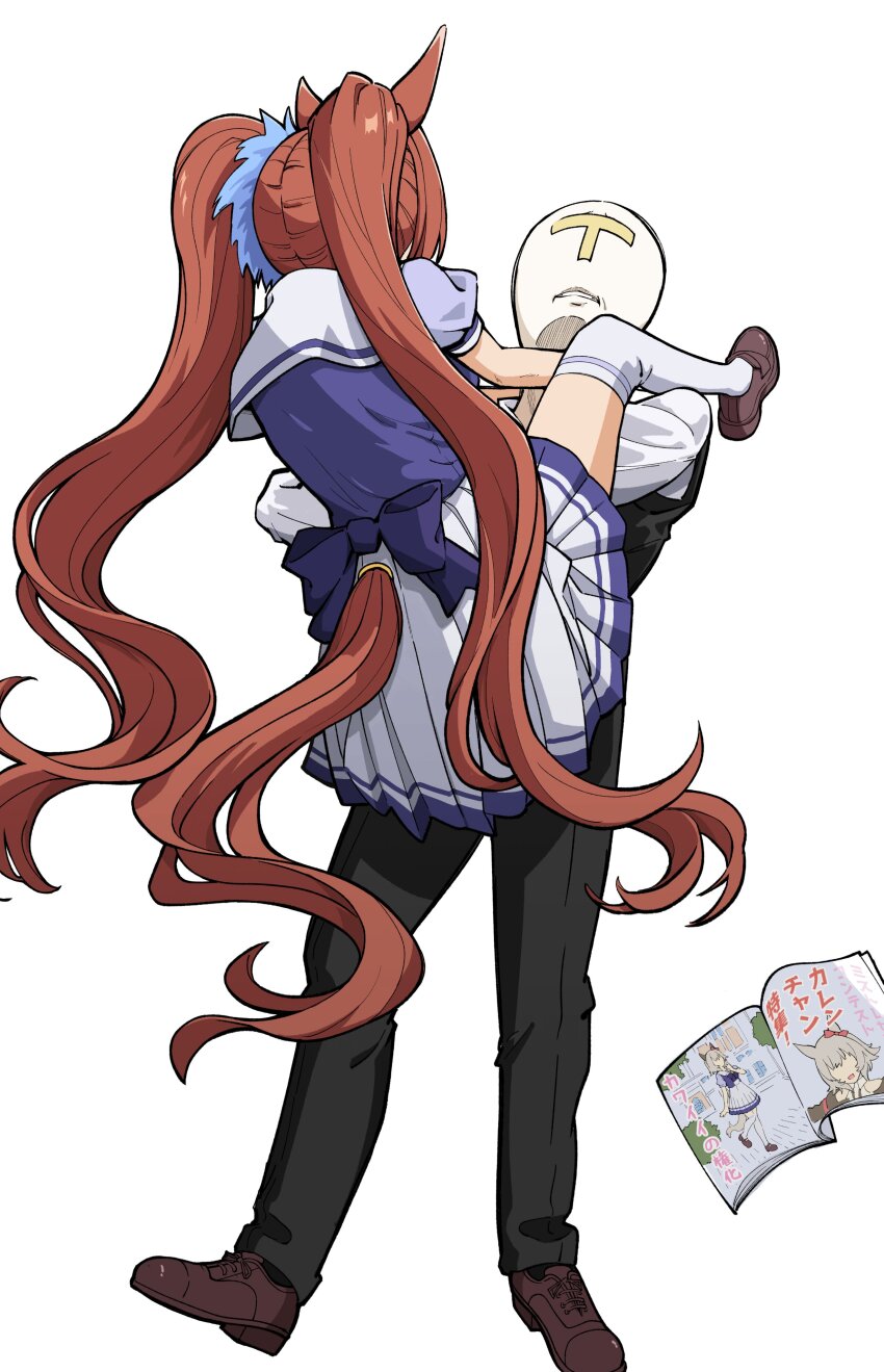 1boy 1girl absurdres animal_ears back book curren_chan_(umamusume) daiwa_scarlet_(umamusume) highres horse_ears horse_girl horse_tail long_hair oxymoron_0213 school_uniform simple_background t-head_trainer_(umamusume) tail trainer_(umamusume) twintails umamusume very_long_hair white_background