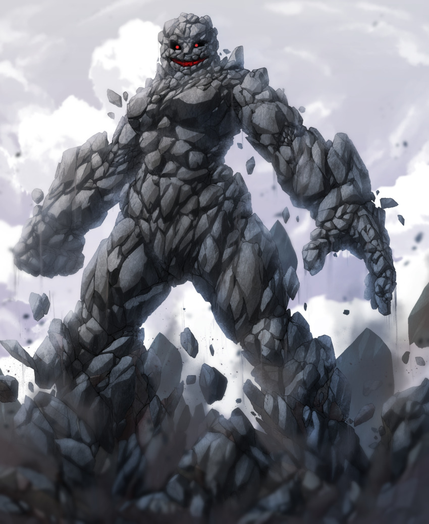 1girl black_sclera clenched_hand cloud cloudy_sky colored_sclera commentary eidenjyou1997 english_commentary evil_smile genderswap genderswap_(mtf) golem great_leader_of_delzer_army highres kamen_rider kamen_rider_stronger_(series) looking_at_viewer monster_girl open_hand open_mouth outdoors red_pupils rock sky smile solo standing