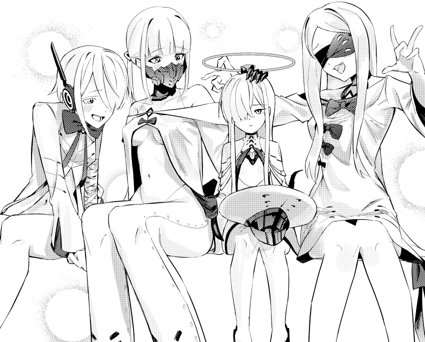 4girls absurdres blindfold blue_archive breasts closed_mouth covered_eyes covered_mouth ein_(blue_archive) greyscale hair_over_one_eye halo hand_on_another&#039;s_head hat highres long_hair long_sleeves looking_at_another malkuth_(blue_archive) mask medium_breasts monochrome multiple_girls navel ohr_(blue_archive) open_mouth respirator sitting smile sof_(blue_archive) stomach unworn_hat unworn_headwear xiegitoai