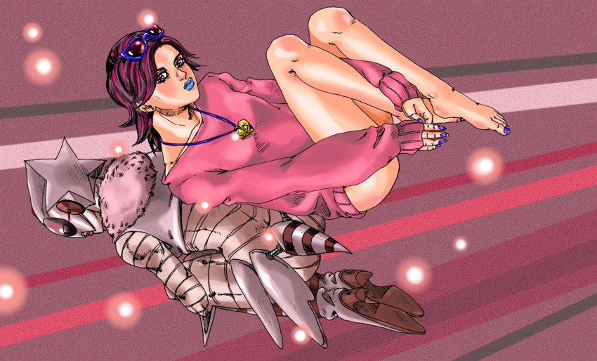 1girl achtung_baby araki_hirohiko_(style) back-to-back bad_anatomy bare_legs barefoot blue_lips blue_nails bottomless breasts brown_eyes collarbone eyewear_on_head heart heart_pendant jewelry jojo_no_kimyou_na_bouken long_sleeves nail_polish aged_up pendant plantar_flexion saradaver shizuka_joestar sleeves_past_wrists small_breasts stand_(jojo) sweater
