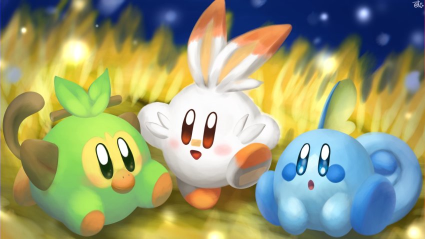 blue_eyes copy_ability gen_8_pokemon green_eyes grookey highres kirby kirby_(series) multiple_persona nest nintendo no_humans orange_eyes pokemon pokemon_(creature) rabbit_ears scorbunny smile sobble starter_pokemon_trio suyabi_(subikabi1426zoy) tail