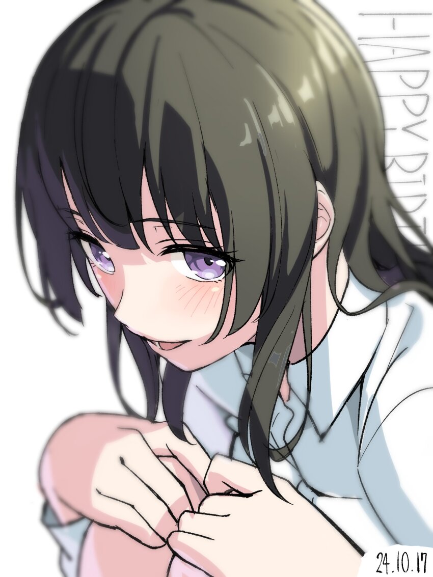 1girl absurdres bang_dream! black_hair blush dated happy_birthday highres long_hair nobusawa_osamu open_mouth purple_eyes shirokane_rinko simple_background smile solo white_background