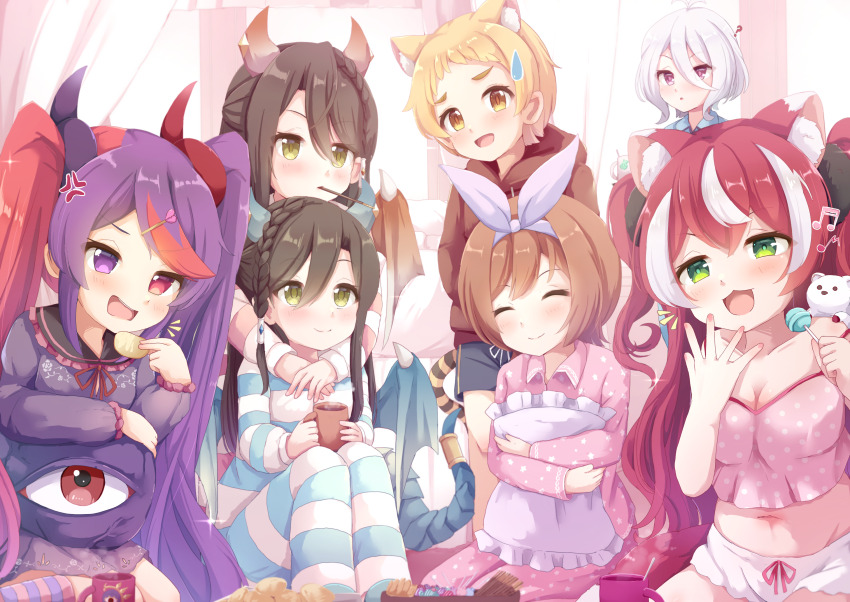 6+girls candy chips_(food) cup eyeball food food_in_mouth fubuki_(princess_connect!) highres holding holding_candy holding_cup holding_food holding_lollipop kokkoro_(princess_connect!) kurumi_(princess_connect!) lind_(princess_connect!) lollipop matsuri_(princess_connect!) misaki_(princess_connect!) multiple_girls nyxerebos pajamas pillow pocky pocky_in_mouth princess_connect! sleepover wurm_(princess_connect!)