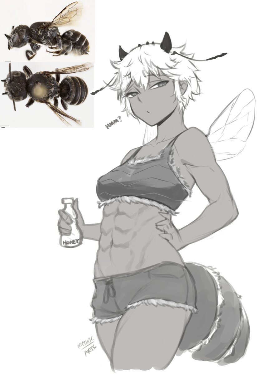 1girl absurdres antennae arthropod_girl bee bee_girl bug commentary creature_and_personification dark_skin english_commentary fur_trim highres horns insect insect_girl insect_wings looking_at_viewer myth1carts navel original personification short_hair shorts simple_background standing stinger tomboy wings