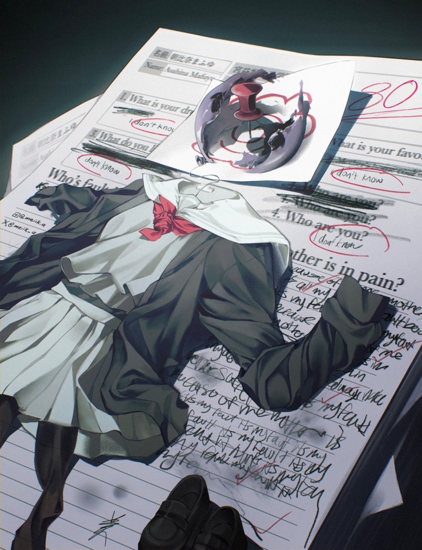 asahina_mafuyu balloon black_cardigan black_pantyhose black_shoes cardigan character_name commentary english_commentary english_text from_above grey_serafuku grey_shirt grey_skirt highres instagram_logo instagram_username loafers long_sleeves meiik_a miyamasuzaka_girls&#039;_academy_school_uniform neckerchief no_humans open_cardigan open_clothes pantyhose paper paper_stack pleated_skirt popped_balloon project_sekai red_neckerchief sailor_collar school_uniform serafuku shirt shoes skirt tape thumbtack twitter_username twitter_x_logo unworn_clothes unworn_pantyhose unworn_shoes white_sailor_collar
