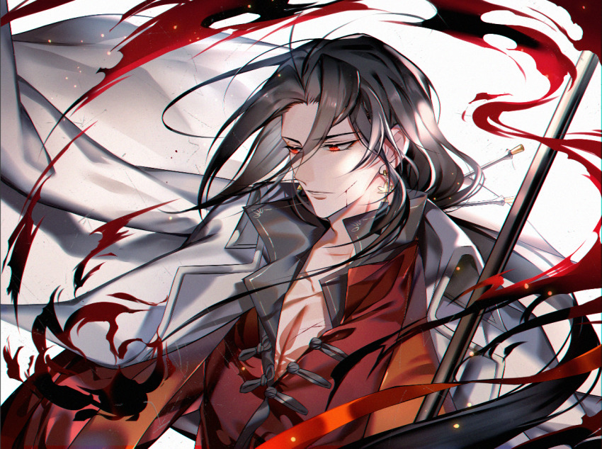 1boy black_hair chest_tattoo chinese_clothes coat coat_on_shoulders collared_coat curtained_hair cuts earrings fire hair_ornament hair_stick injury jewelry lianhua_blood_duck_(the_tale_of_food) long_hair long_sleeves looking_down low_ponytail male_focus official_alternate_costume open_collar parted_bangs parted_lips pectoral_cleavage pectorals polearm ponytail red_eyes red_shirt s_(olath) shirt simple_background solo tangzhuang tattoo the_tale_of_food upper_body weapon white_background white_coat