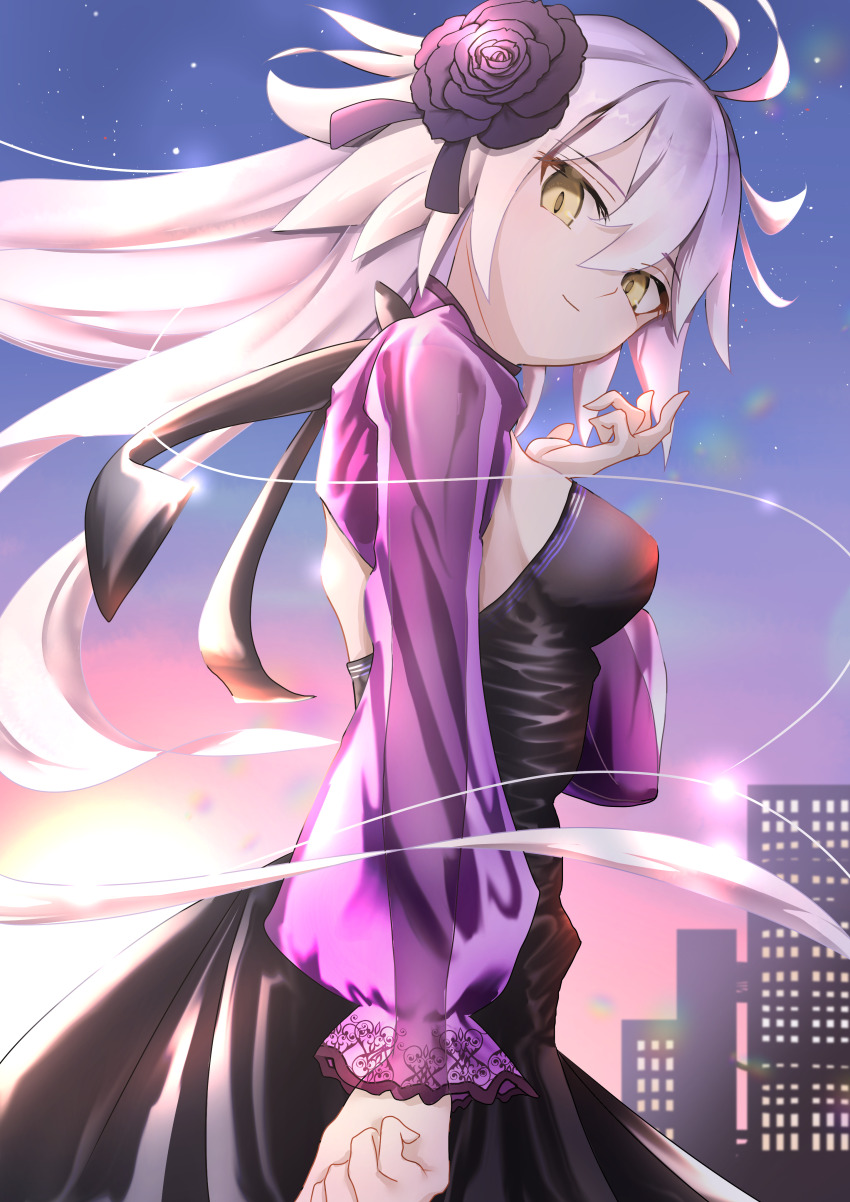 1girl absurdres ahoge beatrix_vivi black_dress blue_sky breasts cityscape dress fate/grand_order fate_(series) flower grey_hair hair_flower hair_ornament highres jeanne_d&#039;arc_alter_(fate) jeanne_d&#039;arc_alter_(over_the_same_sky)_(fate) large_breasts long_hair long_sleeves orange_sky purple_shrug sky smile solo twilight very_long_hair yellow_eyes